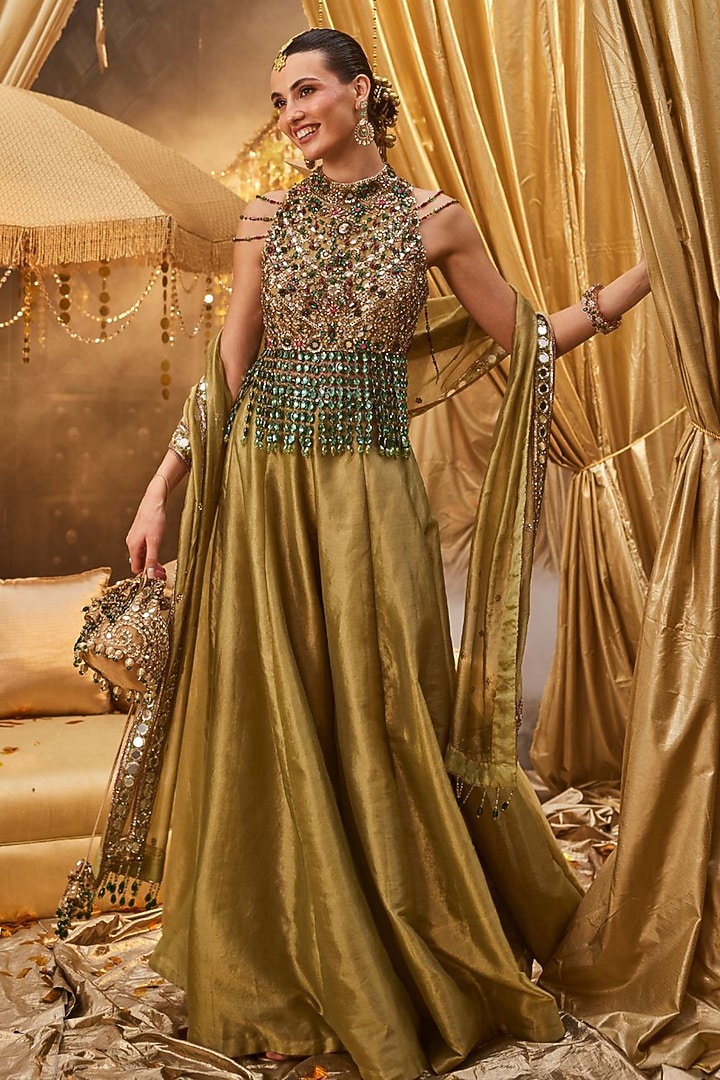 Olive Tissue Hand Embellished Wedding Lehenga Set by Swish By dolcy and Simran at Pernia's Pop Up Shop