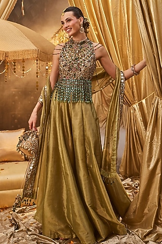Olive Tissue Hand Embellished Lehenga Set by Swish By dolcy and Simran