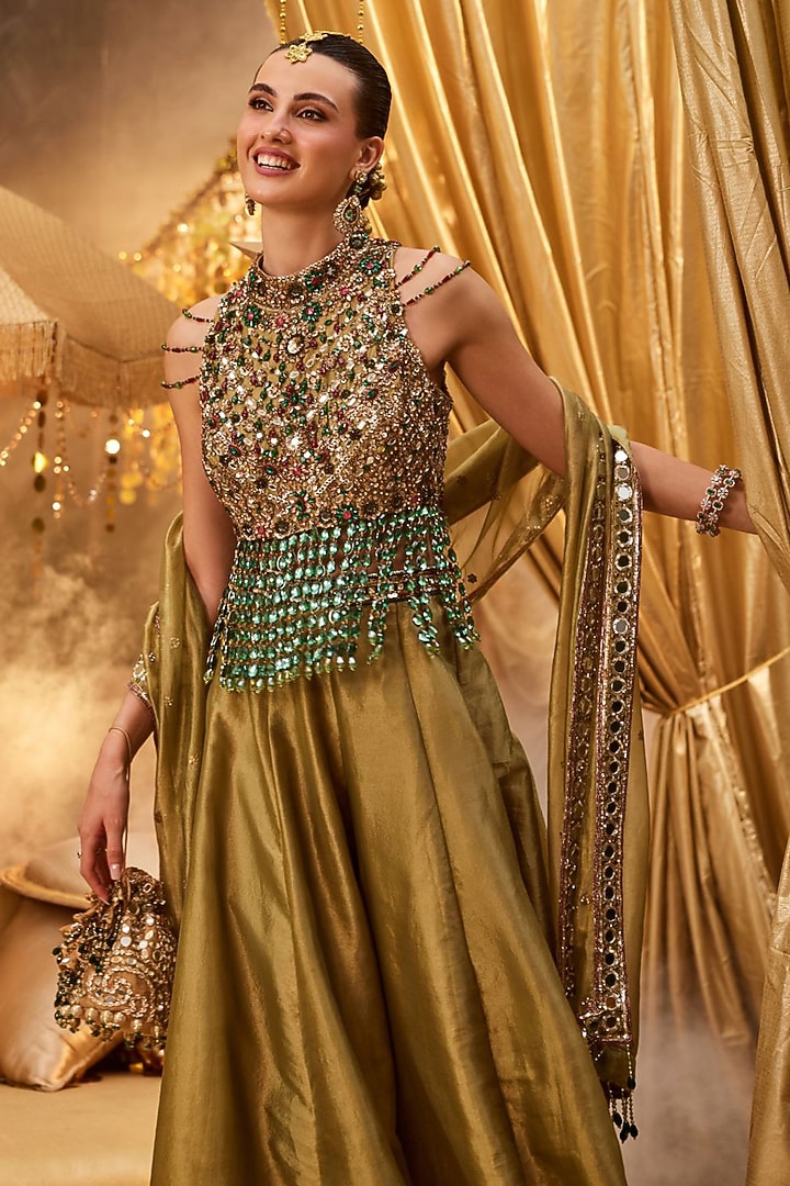 Olive Tissue Hand Embellished Wedding Lehenga Set by Swish By dolcy and Simran at Pernia's Pop Up Shop