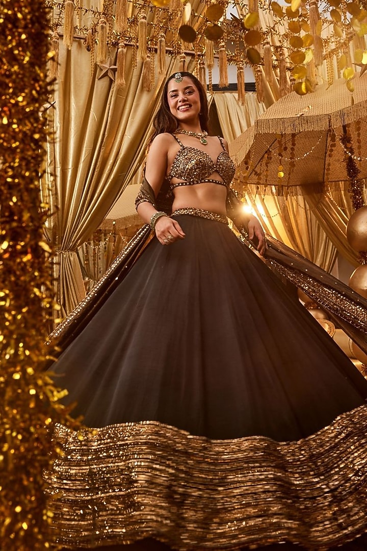 Black Tissue Hand Embellished Bridal Lehenga Set by Swish By dolcy and Simran at Pernia's Pop Up Shop