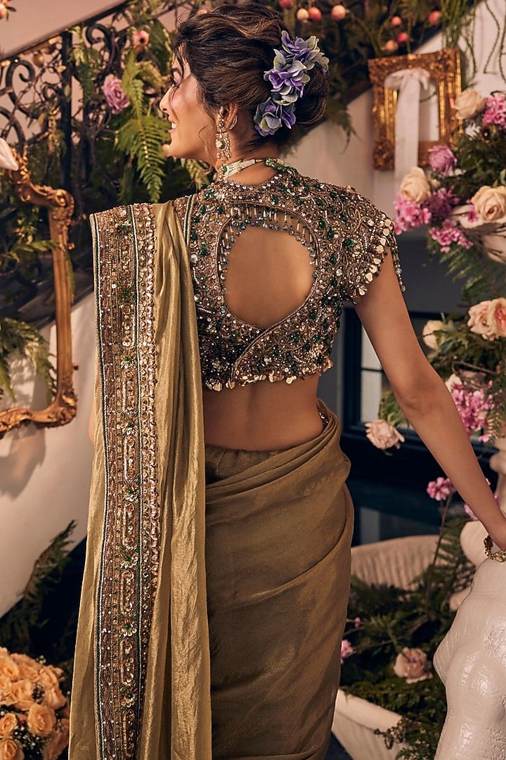 Olive Tissue Polyester Zardosi Embroidered Bridal Saree Set by Swish By dolcy and Simran at Pernia's Pop Up Shop