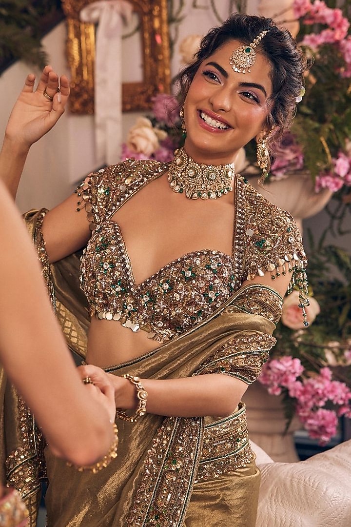 Olive Tissue Polyester Zardosi Embroidered Bridal Saree Set by Swish By dolcy and Simran at Pernia's Pop Up Shop