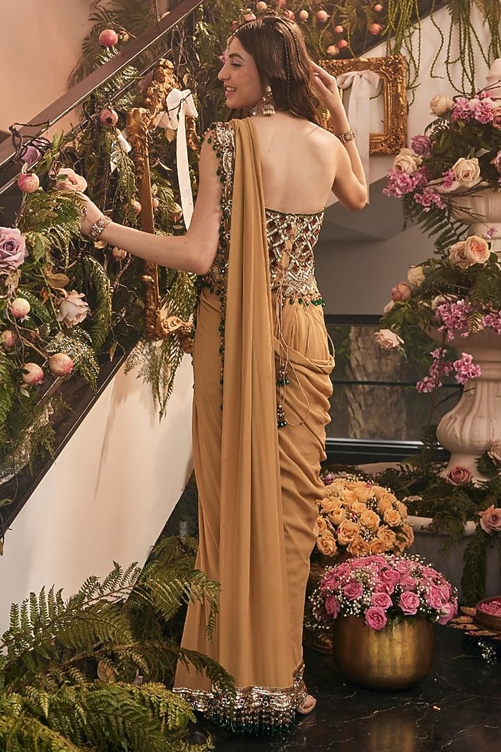 Gold Satin Organza Polyester Zardosi Embroidered Reception Saree Set by Swish By dolcy and Simran at Pernia's Pop Up Shop