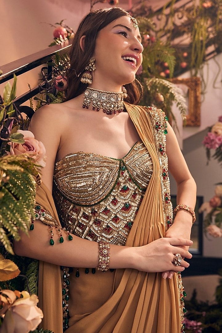Gold Satin Organza Polyester Zardosi Embroidered Reception Saree Set by Swish By dolcy and Simran at Pernia's Pop Up Shop