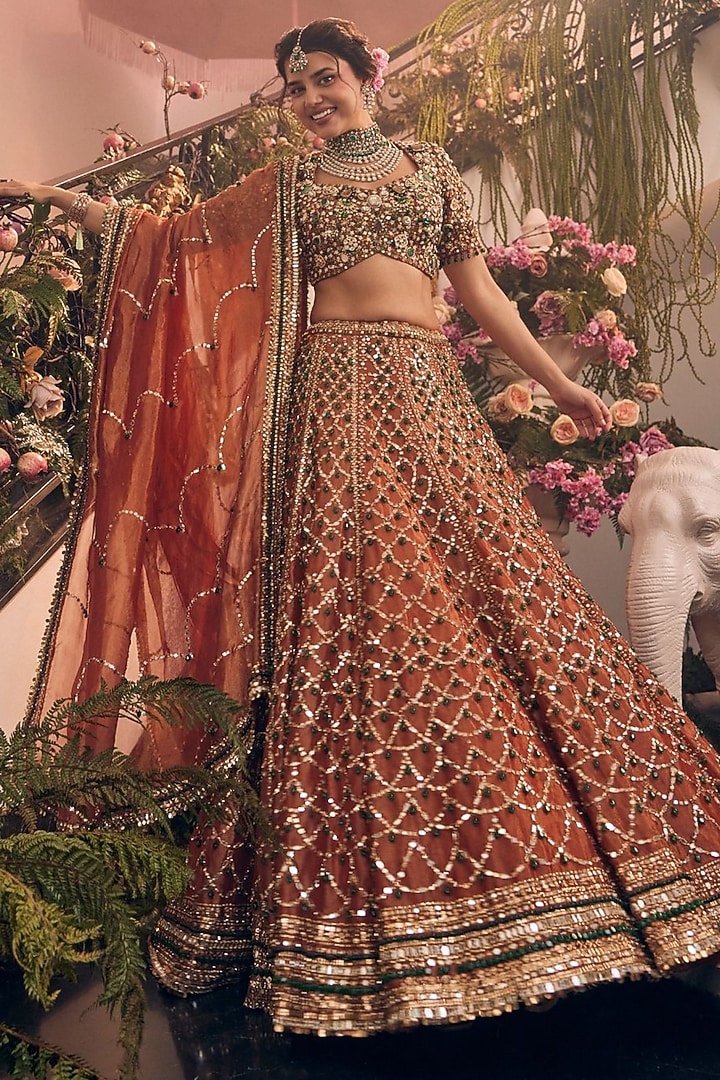 Rust Tissue Polyester Organza Embellished Bridal Lehenga Set by Swish By dolcy and Simran at Pernia's Pop Up Shop