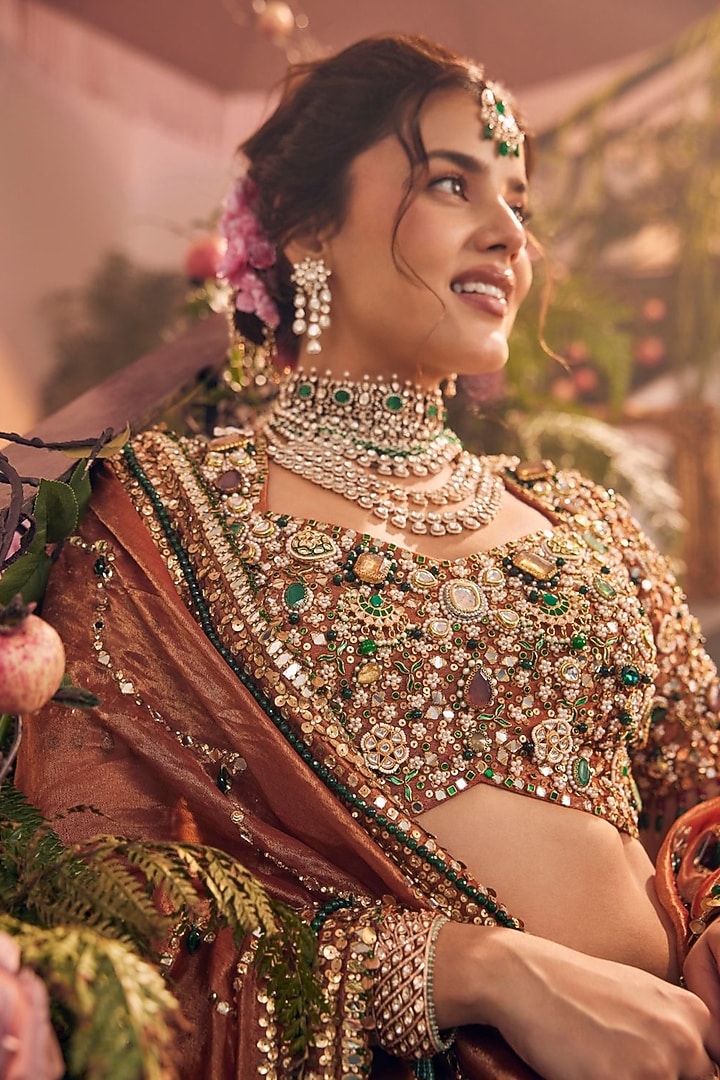 Rust Tissue Polyester Organza Embellished Bridal Lehenga Set by Swish By dolcy and Simran at Pernia's Pop Up Shop