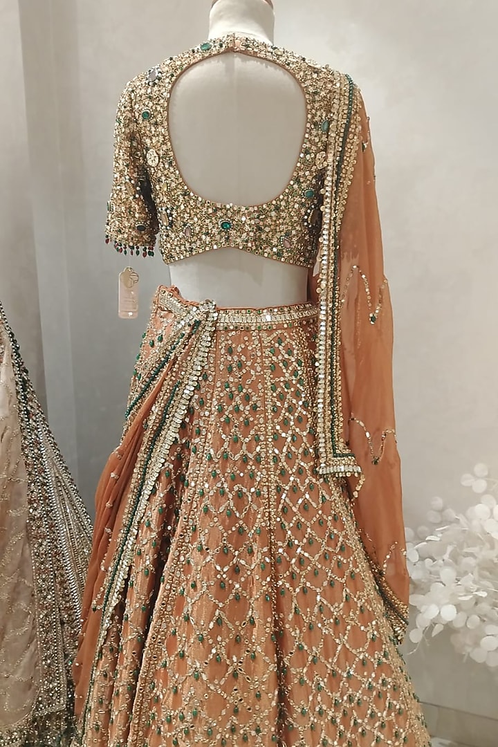 Rust Tissue Polyester Organza Embellished Bridal Lehenga Set by Swish By dolcy and Simran at Pernia's Pop Up Shop