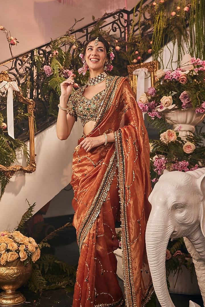 Rust Tissue Polyester Reception Saree Set by Swish By dolcy and Simran at Pernia's Pop Up Shop
