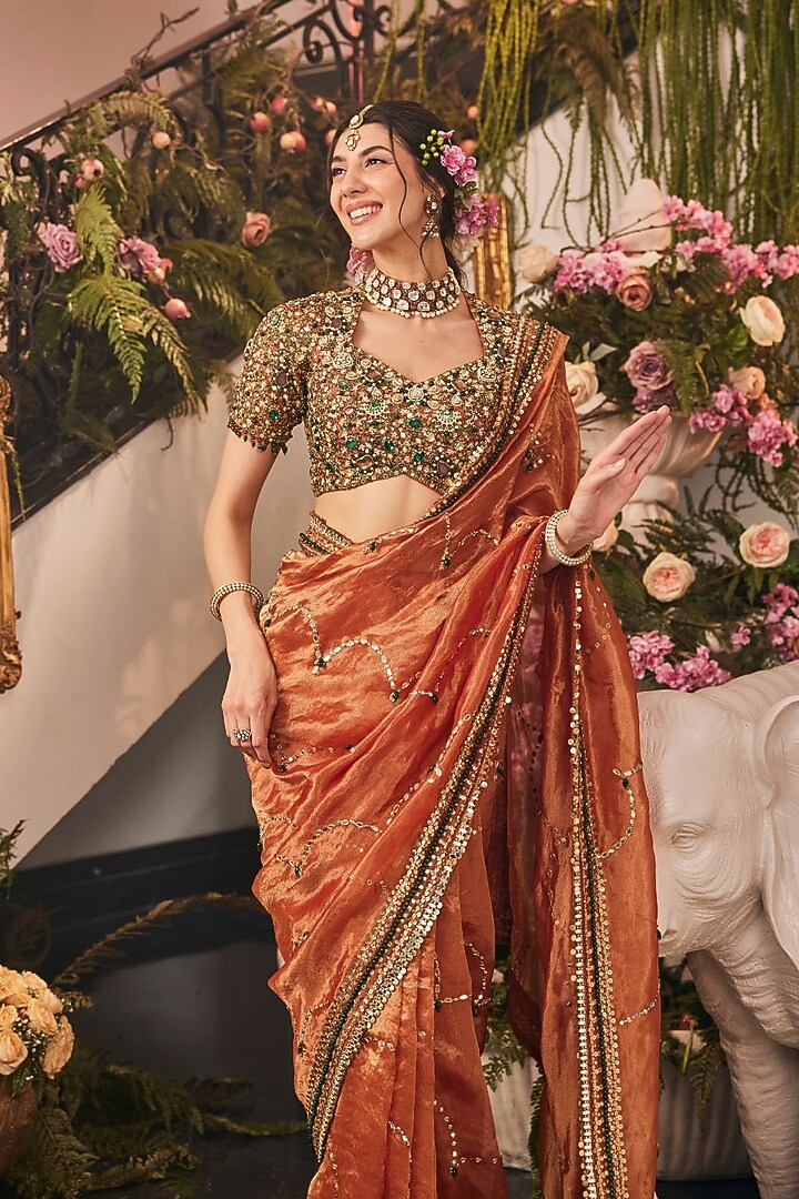 Rust Tissue Polyester Reception Saree Set by Swish By dolcy and Simran at Pernia's Pop Up Shop