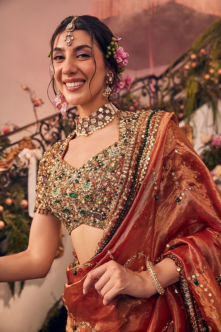 Rust Tissue Polyester Reception Saree Set by Swish By dolcy and Simran at Pernia's Pop Up Shop