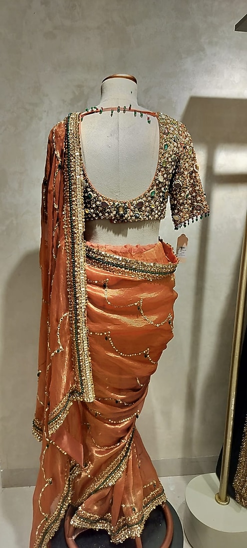 Rust Tissue Polyester Reception Saree Set by Swish By dolcy and Simran at Pernia's Pop Up Shop