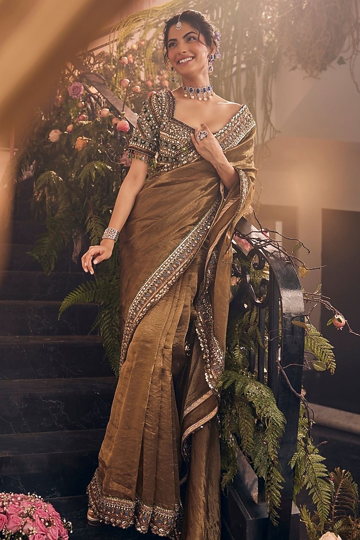 Rust Tissue Polyester Reception Saree Set by Swish By dolcy and Simran at Pernia's Pop Up Shop