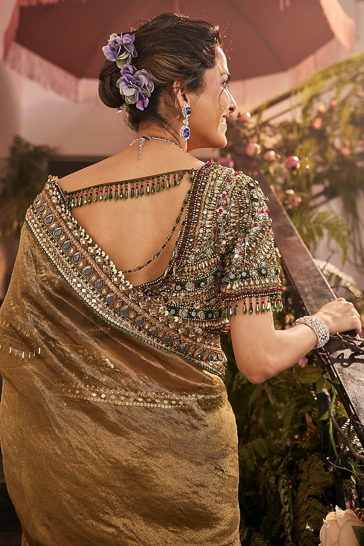 Rust Tissue Polyester Reception Saree Set by Swish By dolcy and Simran at Pernia's Pop Up Shop