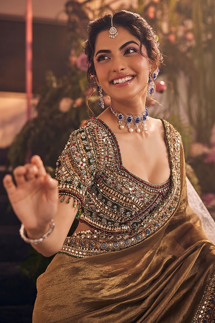 Rust Tissue Polyester Reception Saree Set by Swish By dolcy and Simran at Pernia's Pop Up Shop