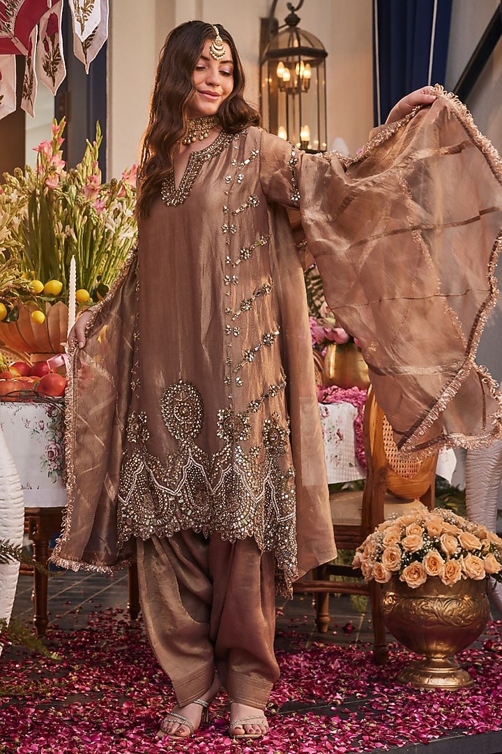 Bronze Tissue Hand Embellished Kurta Set by Swish By dolcy and Simran at Pernia's Pop Up Shop
