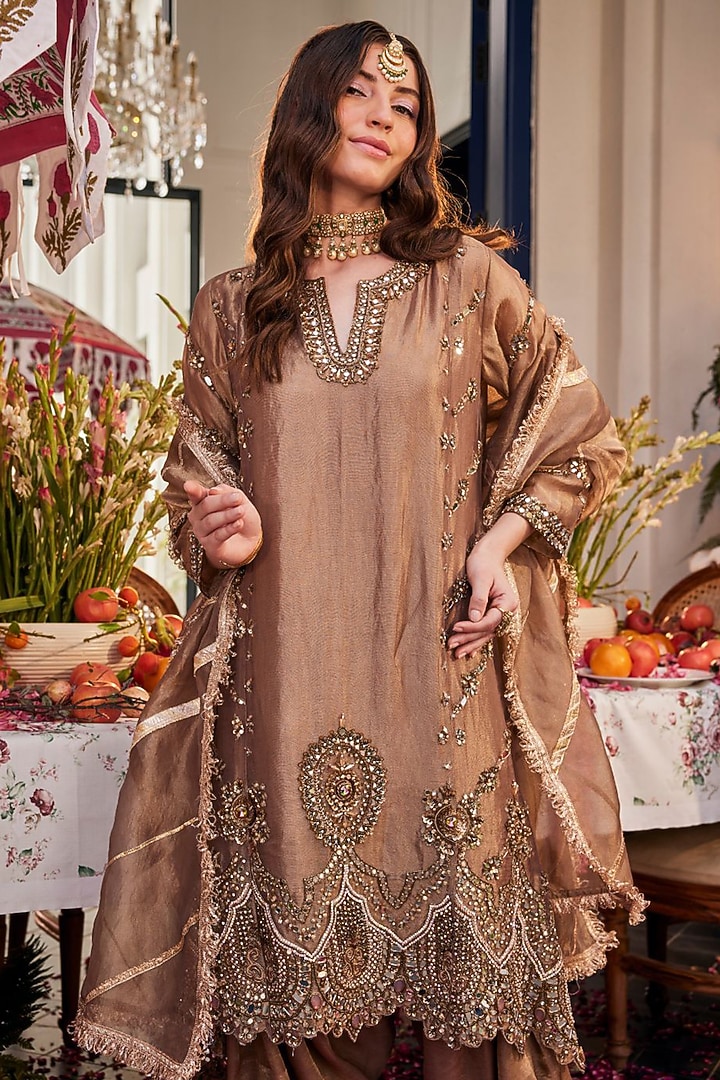 Bronze Tissue Hand Embellished Kurta Set by Swish By dolcy and Simran at Pernia's Pop Up Shop