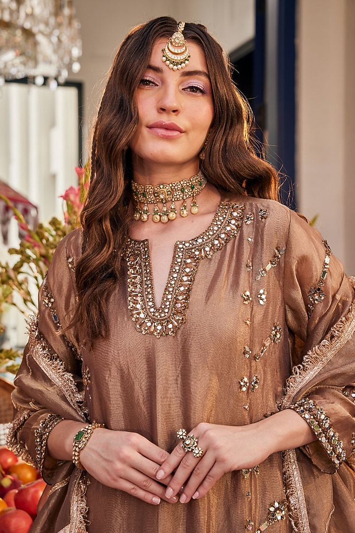 Bronze Tissue Hand Embellished Kurta Set by Swish By dolcy and Simran at Pernia's Pop Up Shop