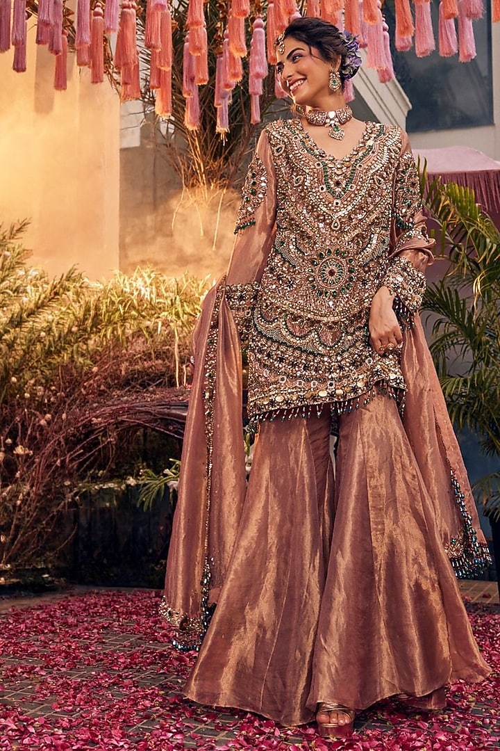 Rose Gold Tissue Polyester Bridal Sharara Set by Swish By dolcy and Simran at Pernia's Pop Up Shop