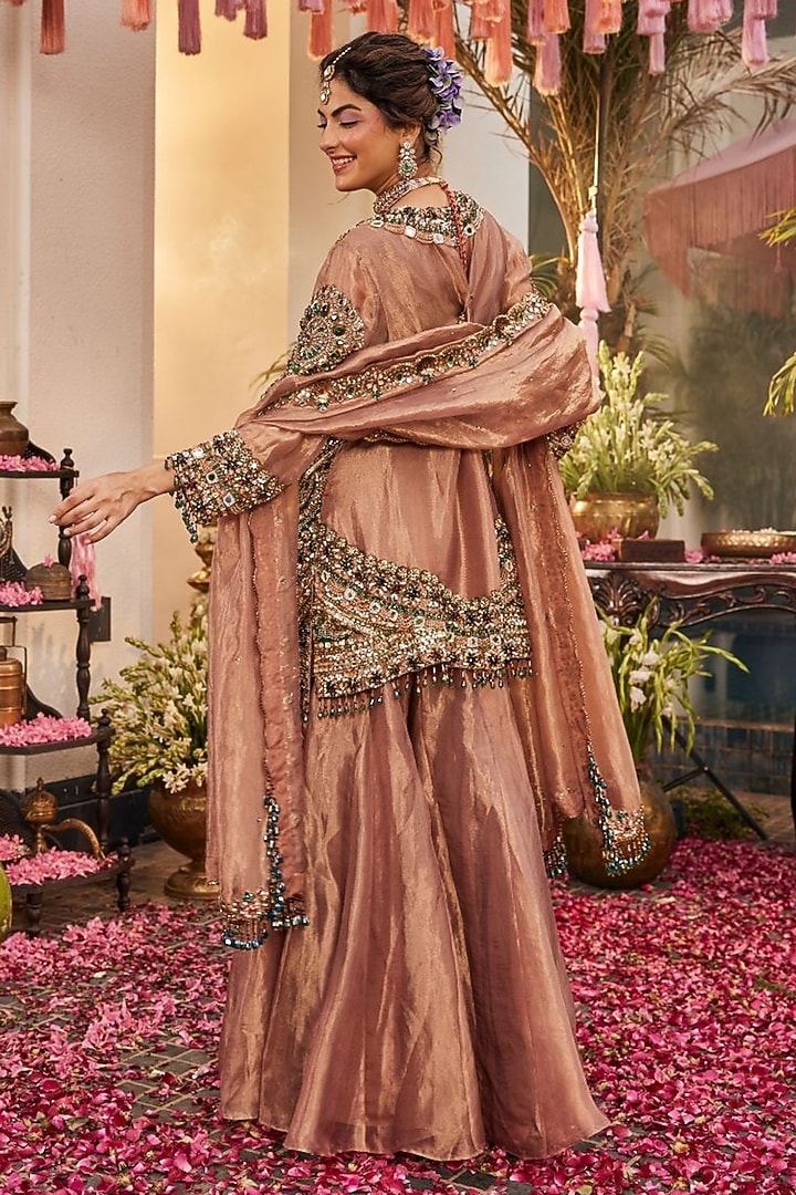 Rose Gold Tissue Polyester Bridal Sharara Set by Swish By dolcy and Simran at Pernia's Pop Up Shop