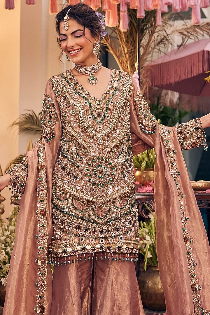 Rose Gold Tissue Polyester Bridal Sharara Set by Swish By dolcy and Simran at Pernia's Pop Up Shop