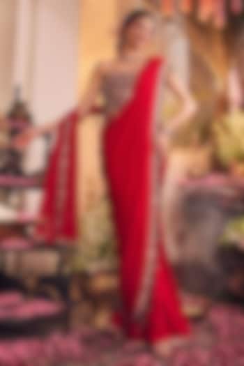Red Satin Organza Polyester Pre-Draped Reception Saree Set by Swish By dolcy and Simran at Pernia's Pop Up Shop