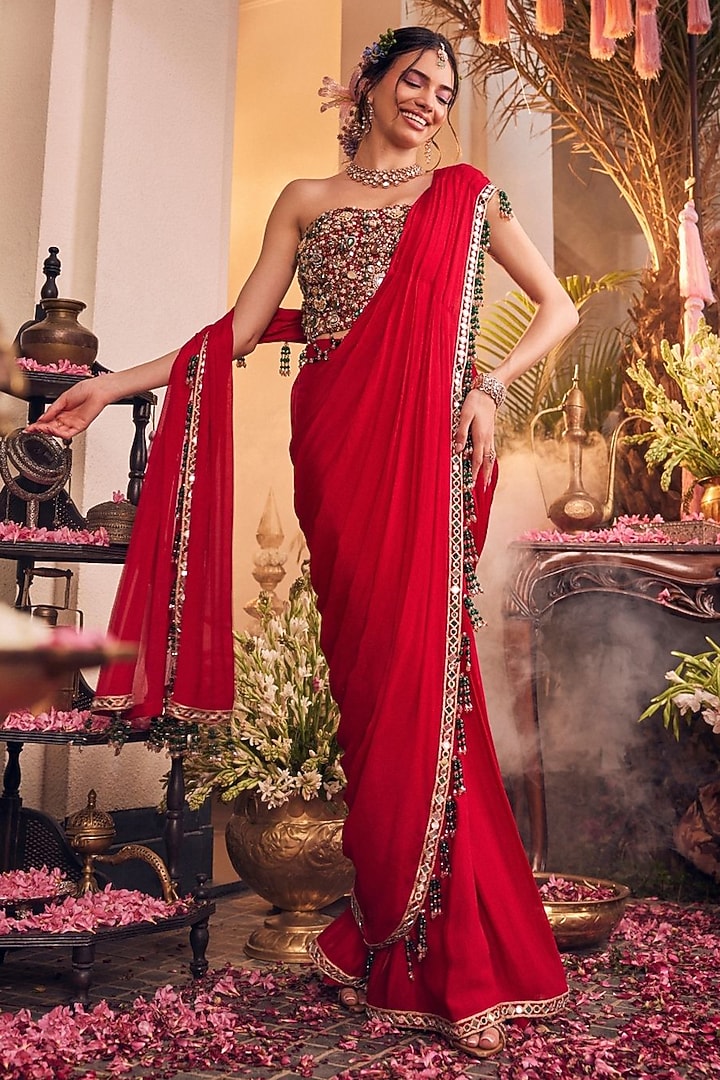 Red Satin Organza Polyester Pre-Draped Reception Saree Set by Swish By dolcy and Simran at Pernia's Pop Up Shop