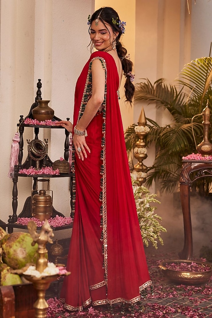 Red Satin Organza Polyester Pre-Draped Reception Saree Set by Swish By dolcy and Simran at Pernia's Pop Up Shop
