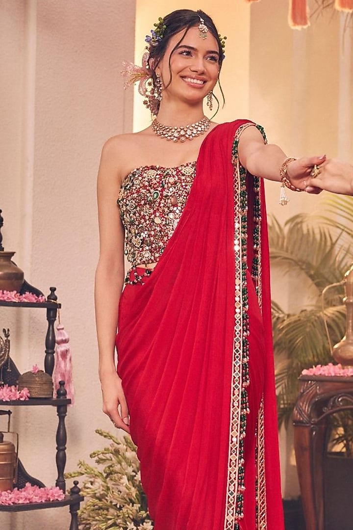 Red Satin Organza Polyester Pre-Draped Reception Saree Set by Swish By dolcy and Simran at Pernia's Pop Up Shop