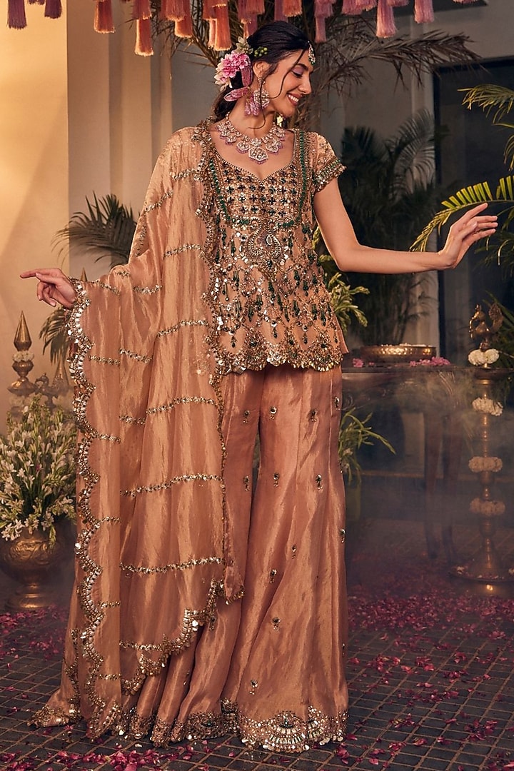 Gold Tissue Hand Embellished Bridal Sharara Set by Swish By dolcy and Simran at Pernia's Pop Up Shop