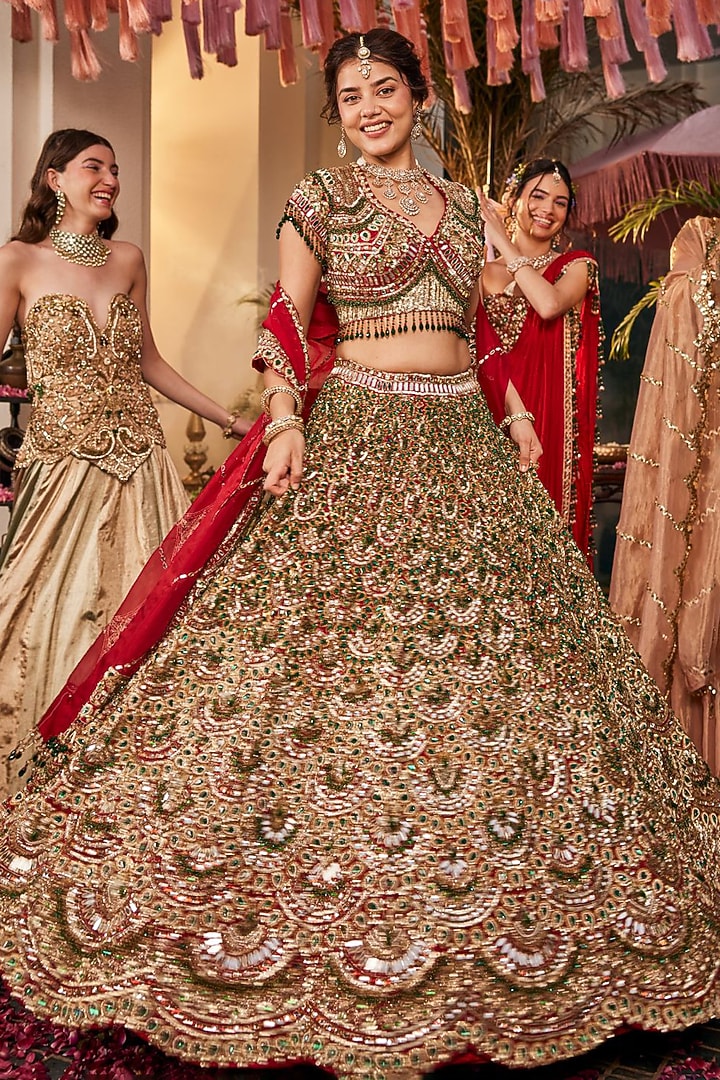Gold Tissue Polyester Hand Embellished Bridal Lehenga Set by Swish By dolcy and Simran at Pernia's Pop Up Shop