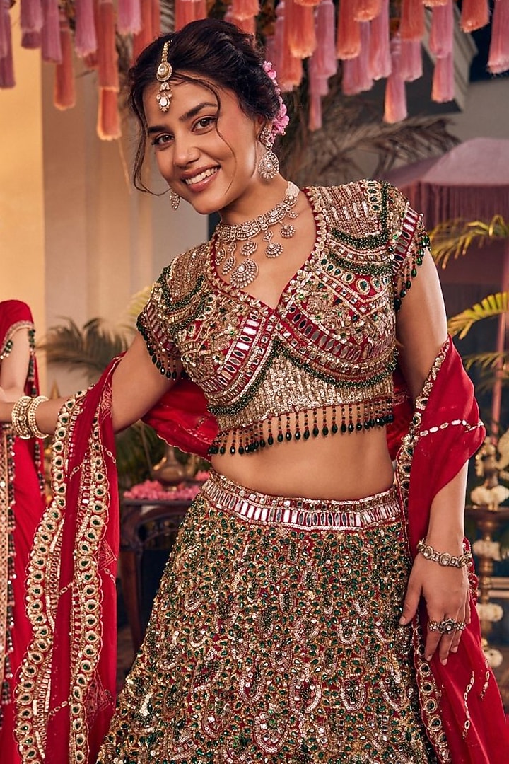 Gold Tissue Polyester Hand Embellished Bridal Lehenga Set by Swish By dolcy and Simran at Pernia's Pop Up Shop