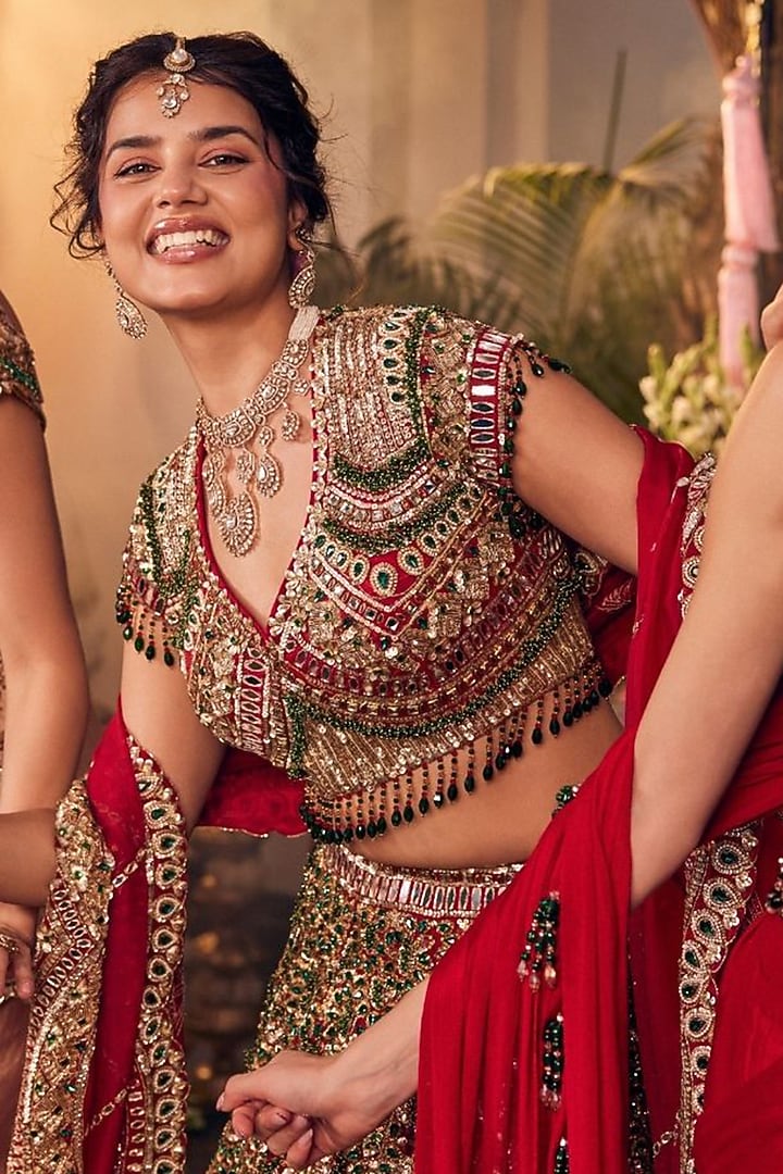 Gold Tissue Polyester Hand Embellished Bridal Lehenga Set by Swish By dolcy and Simran at Pernia's Pop Up Shop
