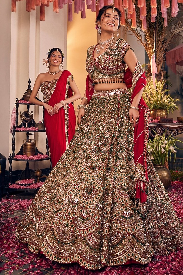 Gold Tissue Polyester Hand Embellished Bridal Lehenga Set by Swish By dolcy and Simran at Pernia's Pop Up Shop