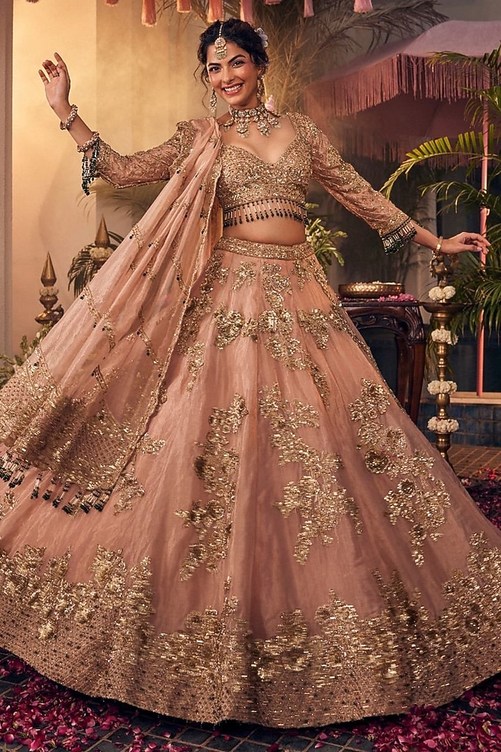 Blush Pink Tissue Polyester Hand Embellished Bridal Lehenga Set by Swish By dolcy and Simran at Pernia's Pop Up Shop