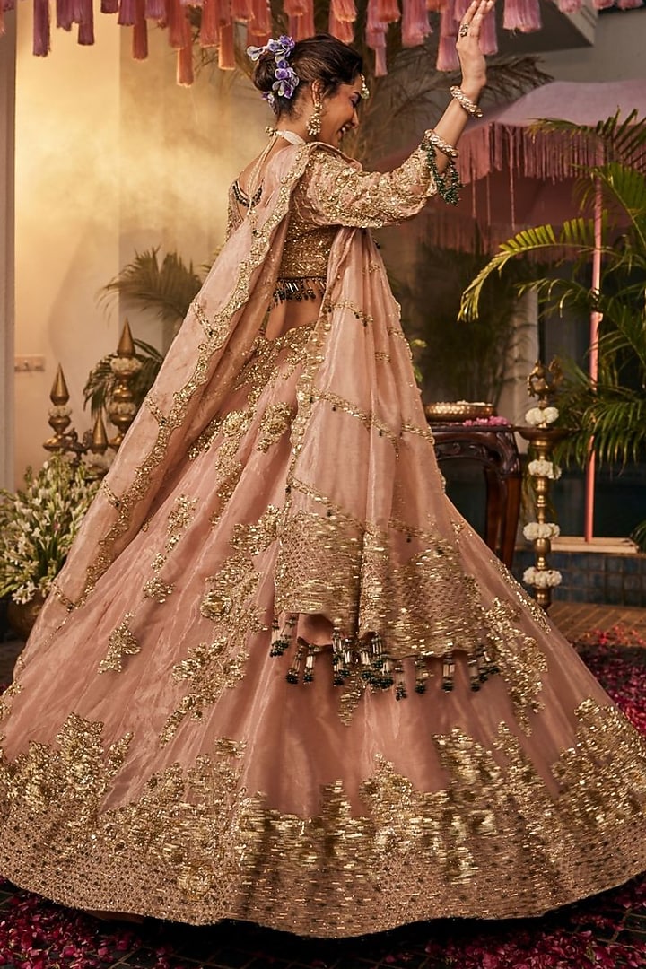 Blush Pink Tissue Polyester Hand Embellished Bridal Lehenga Set by Swish By dolcy and Simran at Pernia's Pop Up Shop