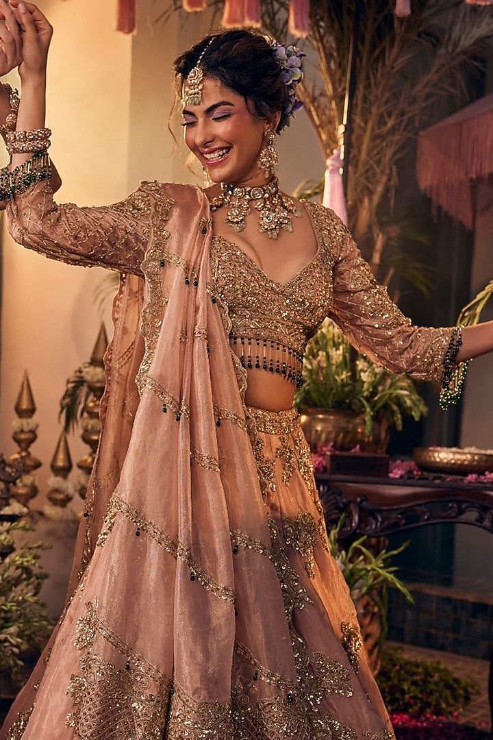 Blush Pink Tissue Polyester Hand Embellished Bridal Lehenga Set by Swish By dolcy and Simran at Pernia's Pop Up Shop