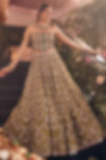 Olive Tissue Hand Embellished Bridal Lehenga Set by Swish By dolcy and Simran at Pernia's Pop Up Shop