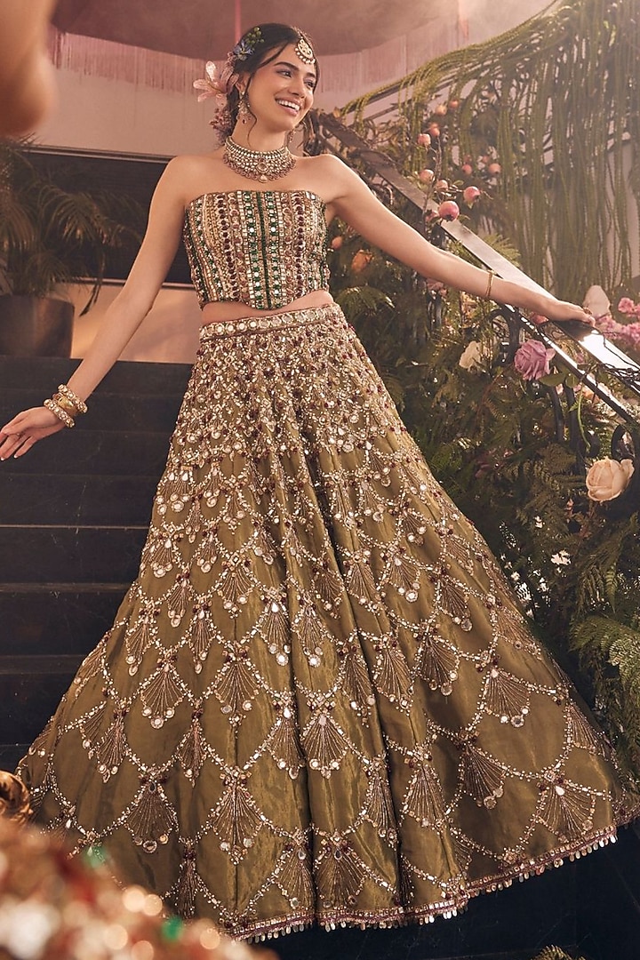 Olive Tissue Hand Embellished Bridal Lehenga Set by Swish By dolcy and Simran at Pernia's Pop Up Shop