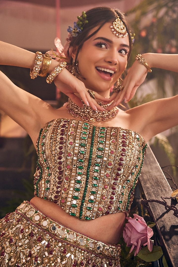 Olive Tissue Hand Embellished Bridal Lehenga Set by Swish By dolcy and Simran at Pernia's Pop Up Shop