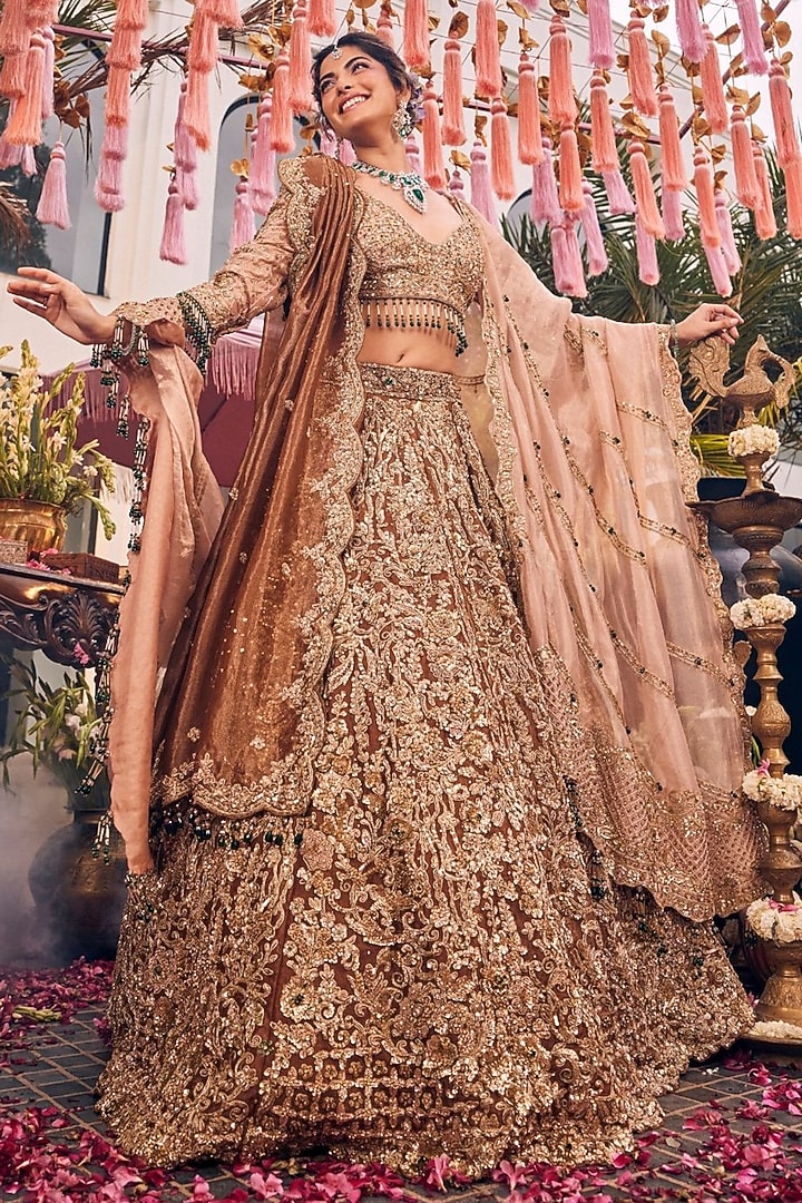 Bronze Tissue Hand Embellished Bridal Lehenga Set by Swish By dolcy and Simran at Pernia's Pop Up Shop