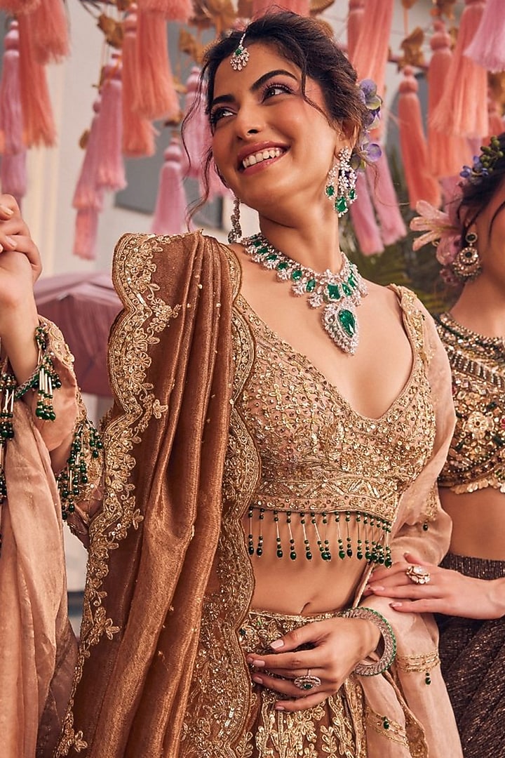 Bronze Tissue Hand Embellished Bridal Lehenga Set by Swish By dolcy and Simran at Pernia's Pop Up Shop