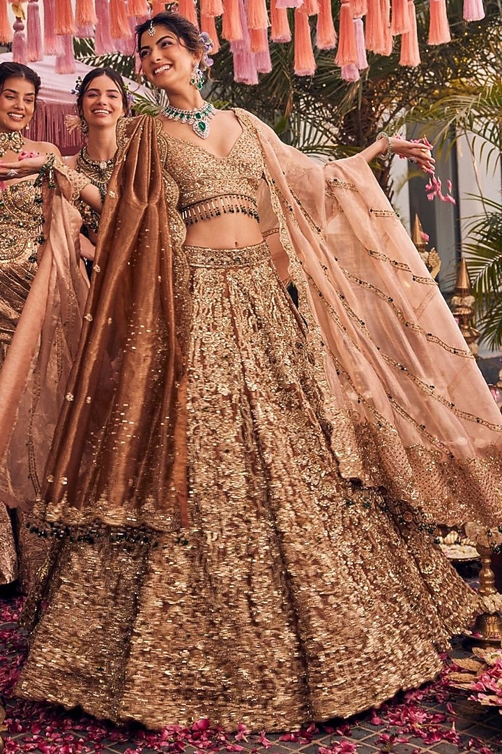 Bronze Tissue Hand Embellished Bridal Lehenga Set by Swish By dolcy and Simran at Pernia's Pop Up Shop