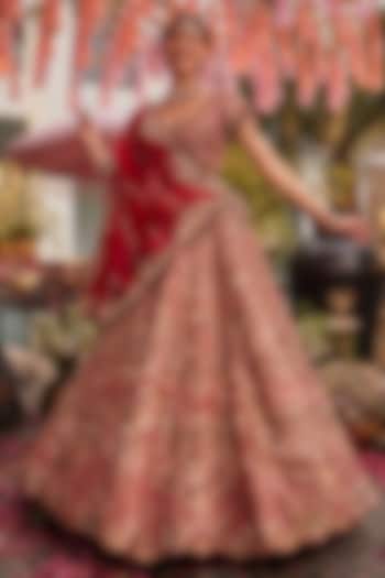 Red Tissue & Polyester Hand Embellished Bridal Lehenga Set by Swish By dolcy and Simran at Pernia's Pop Up Shop
