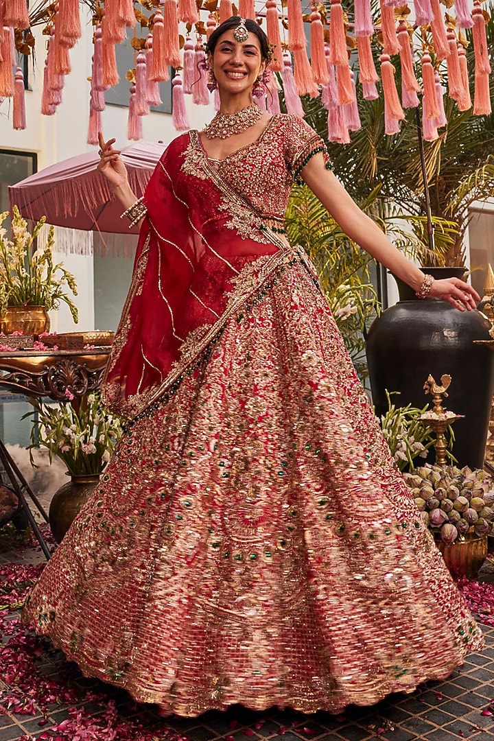 Red Tissue & Polyester Hand Embellished Bridal Lehenga Set by Swish By dolcy and Simran at Pernia's Pop Up Shop