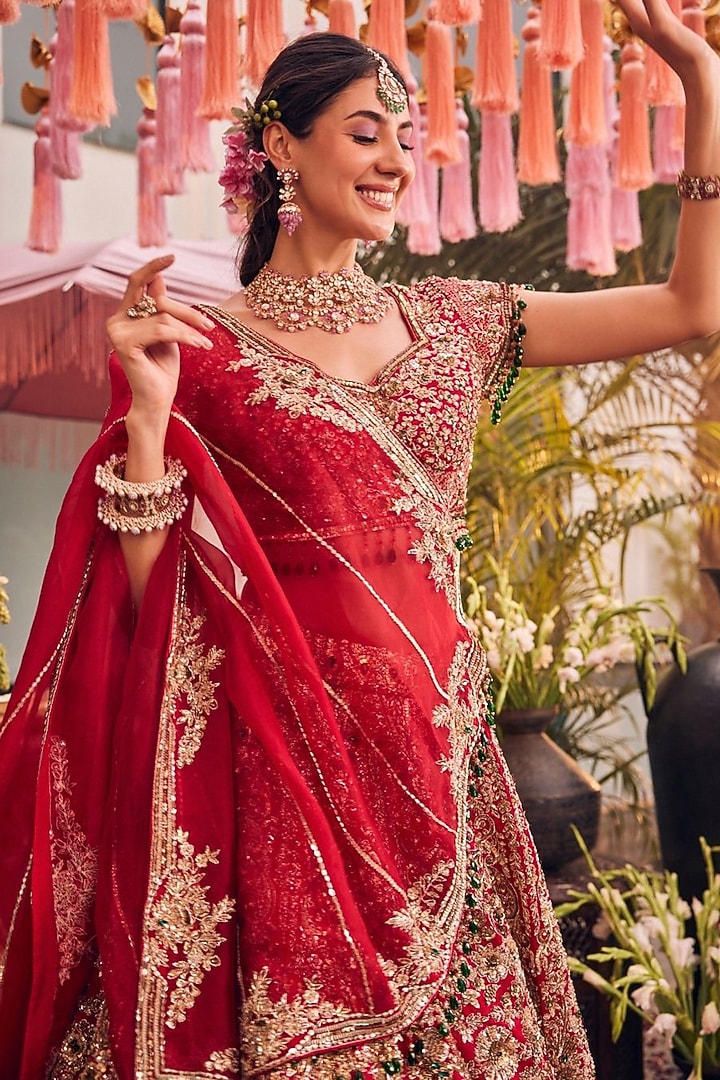 Red Tissue & Polyester Hand Embellished Bridal Lehenga Set by Swish By dolcy and Simran at Pernia's Pop Up Shop