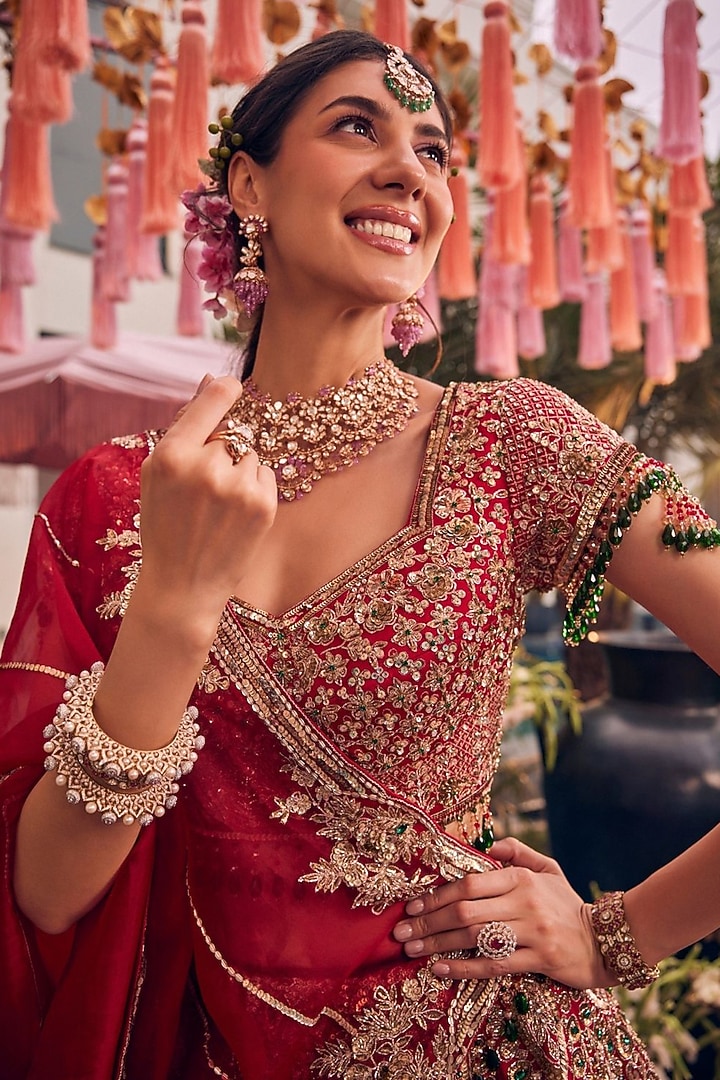 Red Tissue & Polyester Hand Embellished Bridal Lehenga Set by Swish By dolcy and Simran at Pernia's Pop Up Shop