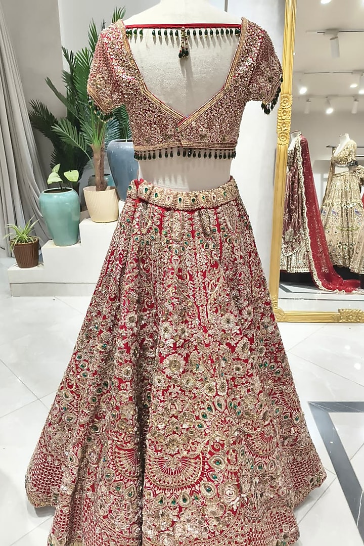 Red Tissue & Polyester Hand Embellished Bridal Lehenga Set by Swish By dolcy and Simran at Pernia's Pop Up Shop