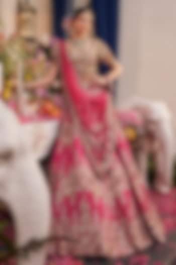 Bright Pink Raw Silk & Polyester Hand Embellished Bridal Lehenga Set by Swish By dolcy and Simran at Pernia's Pop Up Shop