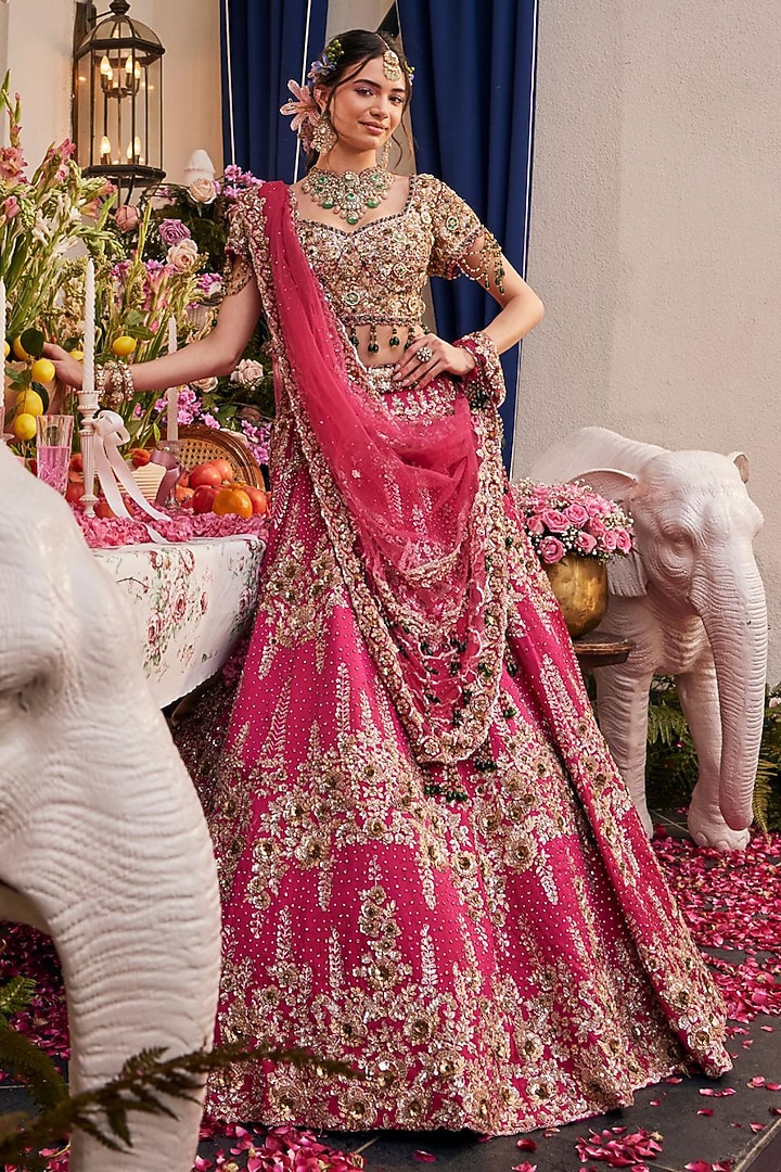 Bright Pink Raw Silk & Polyester Hand Embellished Bridal Lehenga Set by Swish By dolcy and Simran at Pernia's Pop Up Shop