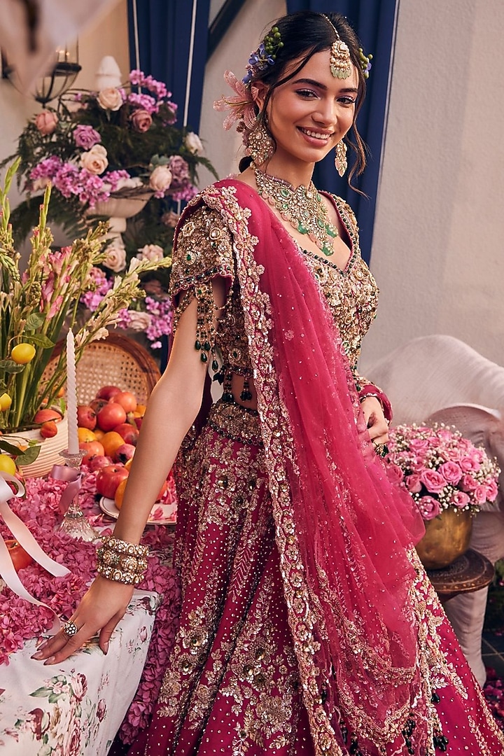 Bright Pink Raw Silk & Polyester Hand Embellished Bridal Lehenga Set by Swish By dolcy and Simran at Pernia's Pop Up Shop